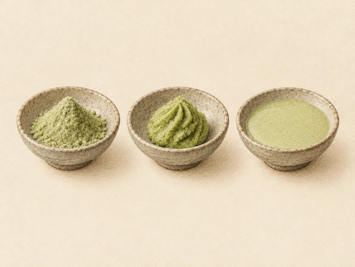 KI-Illustration: Drei Schälchen mit Wasabi-Pulver links, dicker Paste in der Mitte und flüssiger Sauce rechts