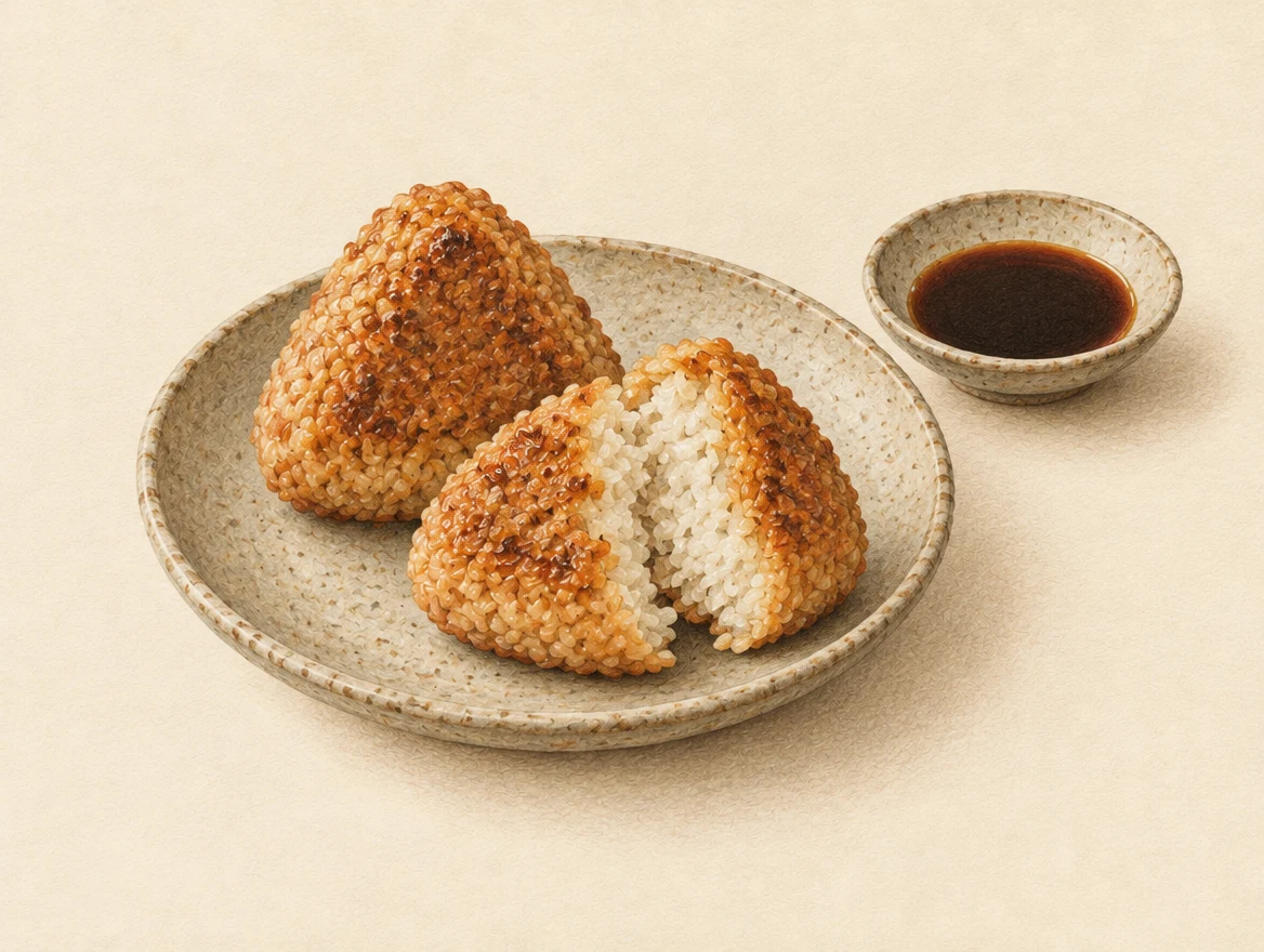 KI-Illustration: Gegrillte Onigiri mit goldbrauner Oberfläche und sichtbar weissem Reiskern, daneben Sojasauce