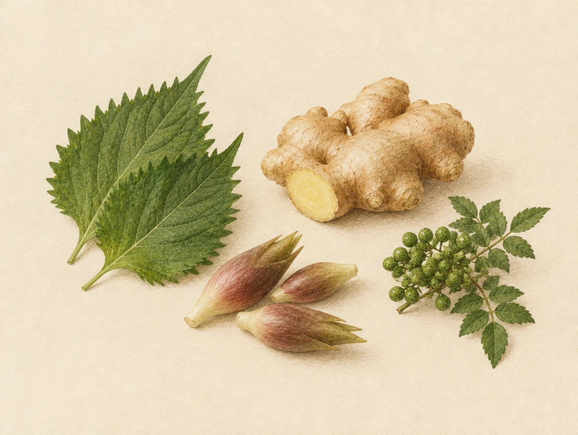 KI-Illustration: Shiso-Blätter, Ingwer, rosafarbene Myōga-Knospen und grüne Sanshō-Früchte