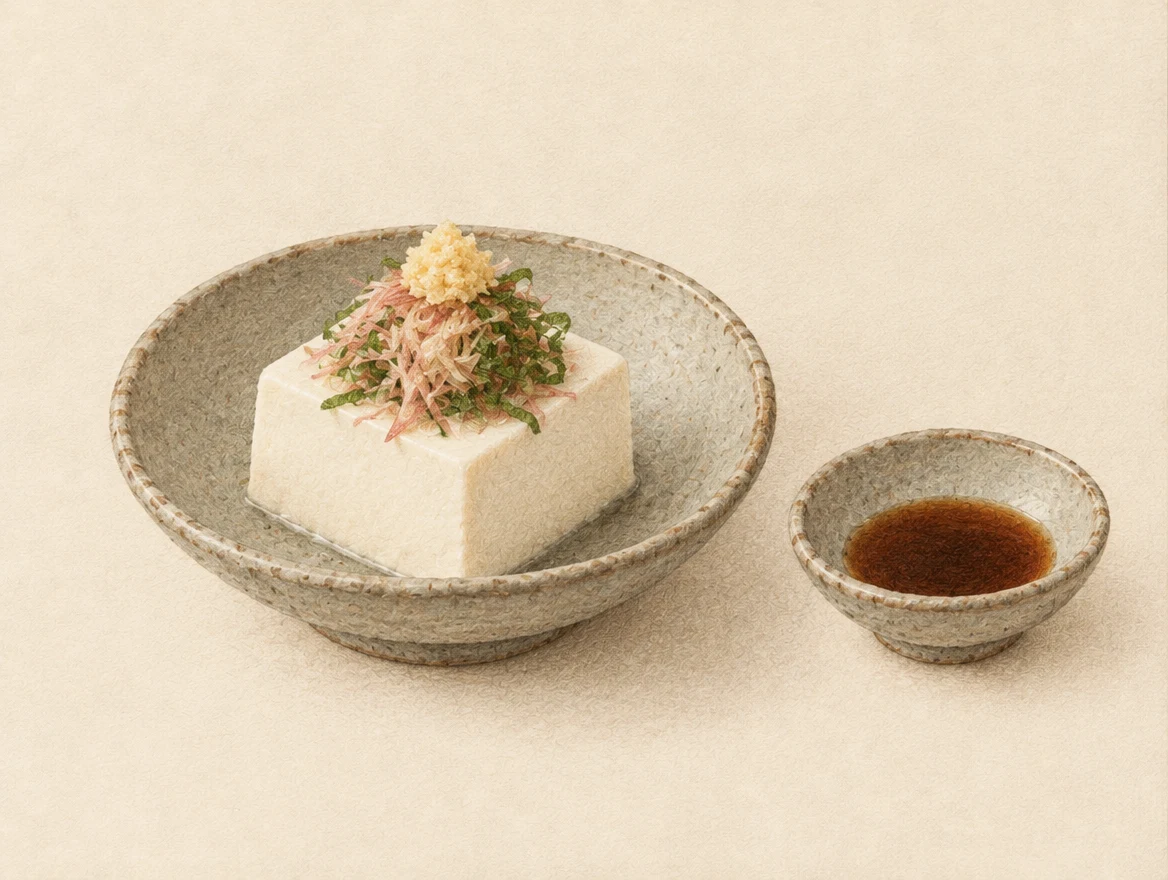 KI-Illustration: Tofu mit Kräutern und Ingwer, daneben ein Schälchen Sojasauce